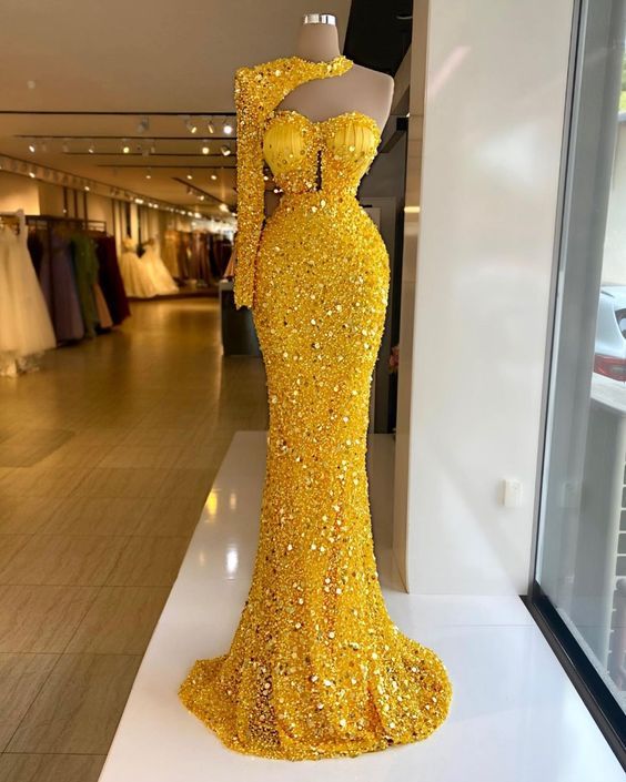 Yellow sequin mermaid long prom dress, sexy evening dress