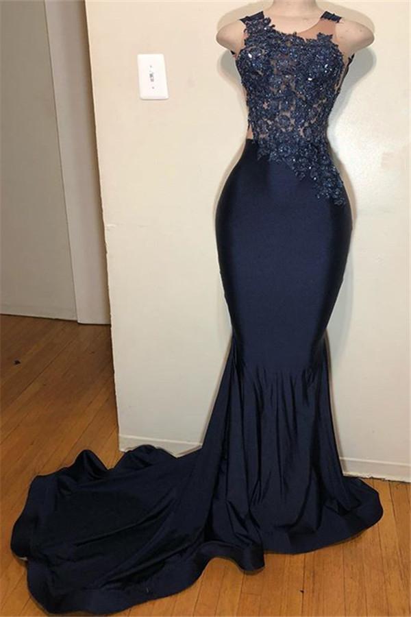 Dark Blue Straps Sleeveless Applique Mermaid Formal Prom Dresses