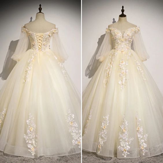 Beautiful Tulle Long Sleeves Floral Sweet 16 Gown, Party Gowns Prom Dress