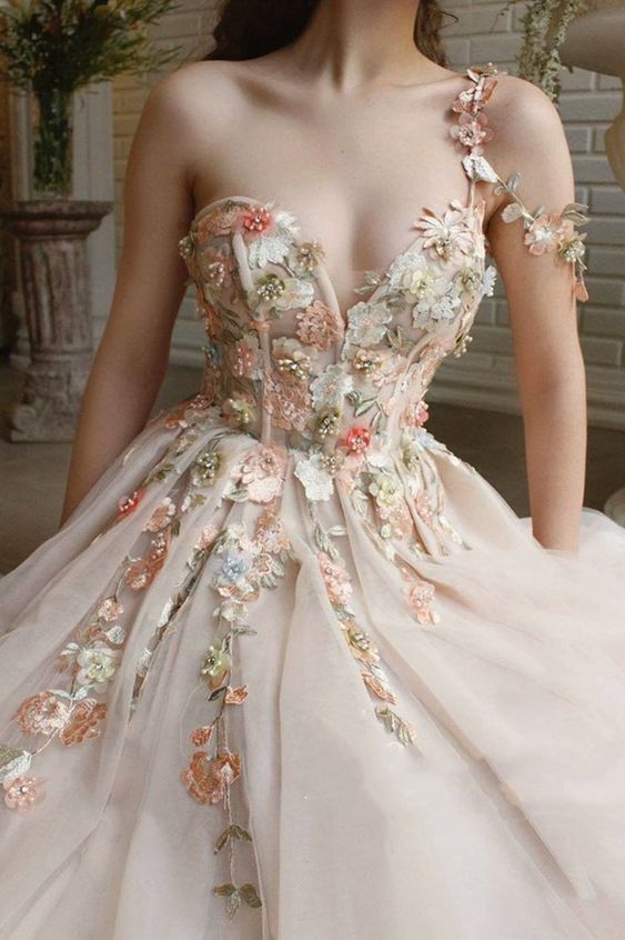 Charming One Shoulder Floral Champagne Long Prom Dresses, 3D Flowers Champagne Formal Evening Dresses
