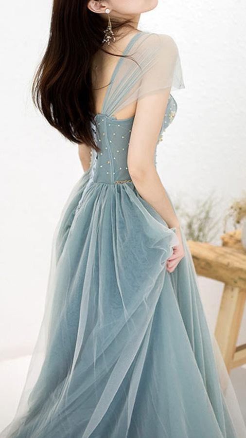 Dusty Blue Tulle Beaded Off-the-Shoulder Long Prom Dresses, Formal Dress
