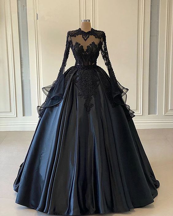 Ball Gown Black Long Sleeves Lace Prom Dresses,Beading Formal Evening Dresses