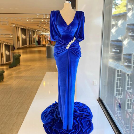 Royal Blue Velvet Mermaid Prom Dress Long Puffy Sleeves V-Neck Evening Dress Pleats Beading Evening Gowns