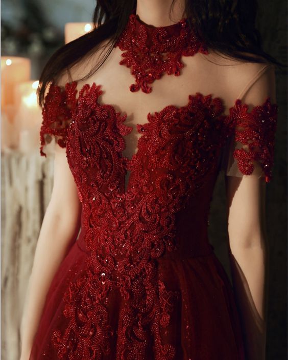 Luxury Burgundy High Neck Beading Evening Dress