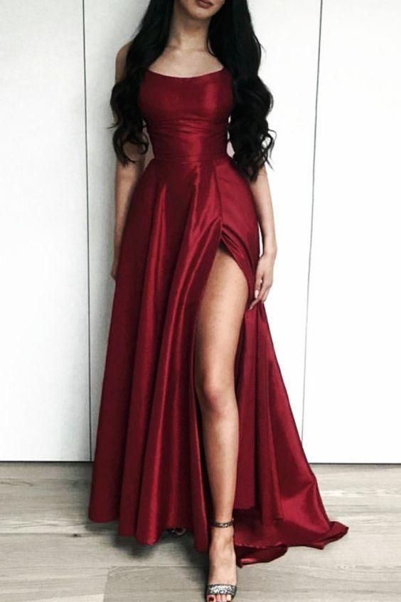 Charming Burgundy Side Slit Long Evening Dress, Sexy Prom Dresses