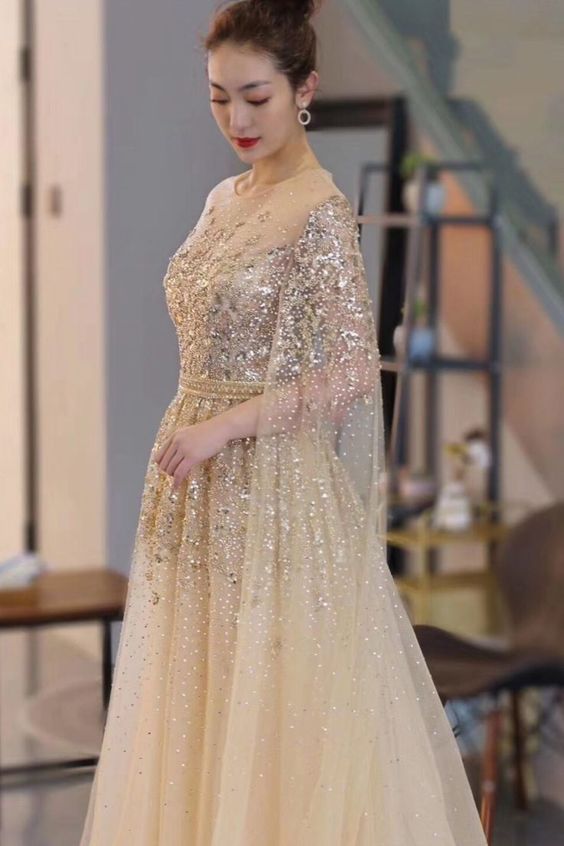 Extra Long Sleeves Beaded Prom Dresses Boatneck Beaded
