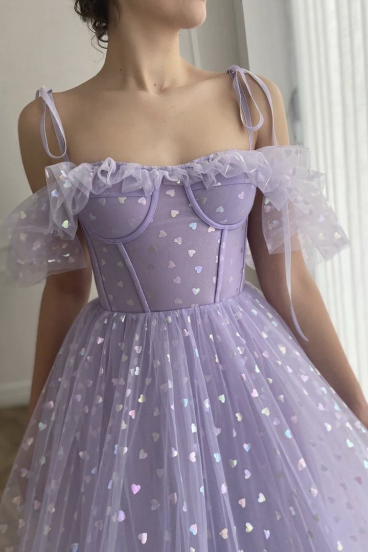 Purple tulle short A line prom dress evening dress