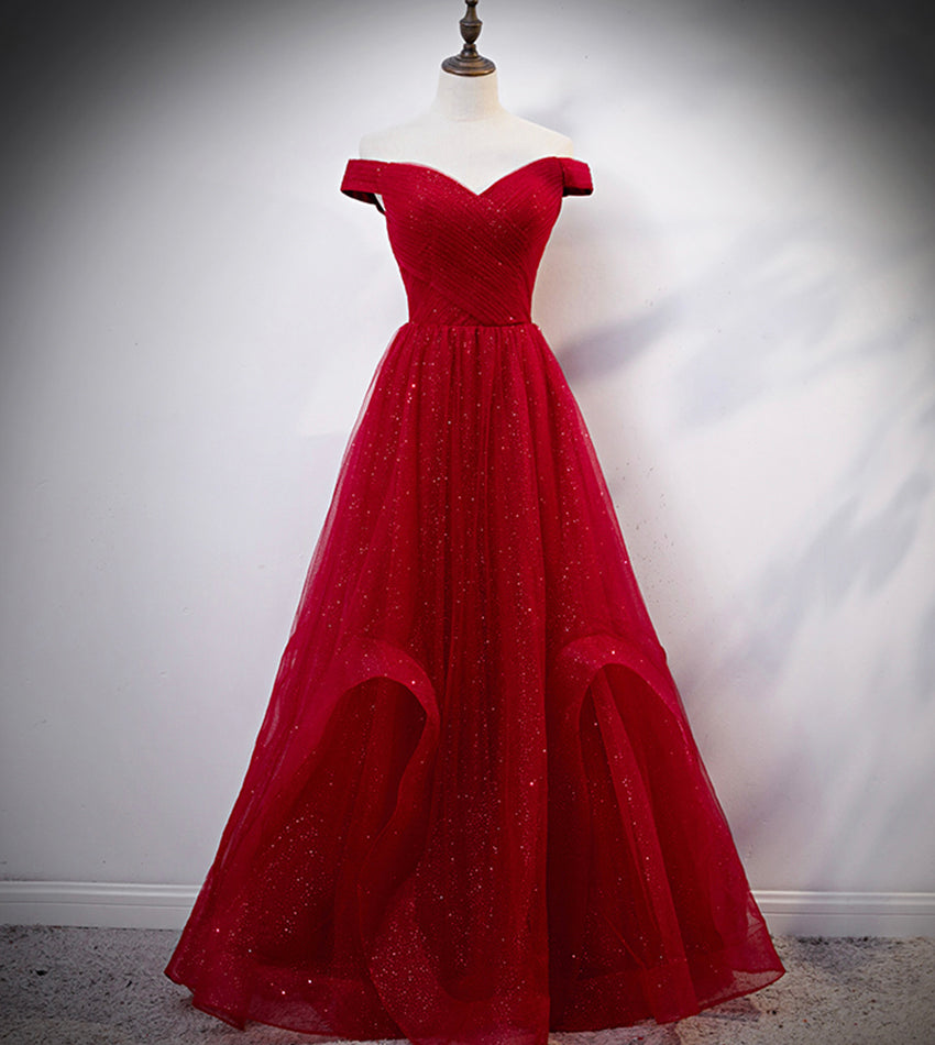Burgundy tulle long prom dress evening dress
