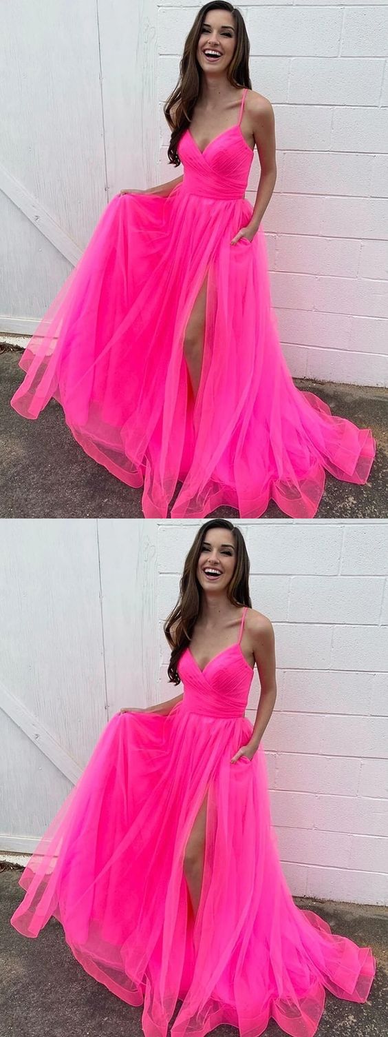 Stylish A Line V Neck Hot Pink Long Prom Dresses with High Slit, V Neck Hot Pink Formal Dresses, Hot Pink Evening Dresses