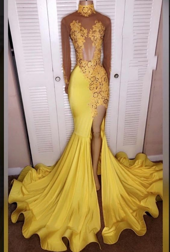 Yellow Split Mermaid/Trumpet Long Sleeve Satin Prom Dresses