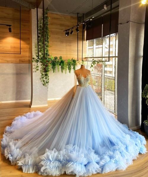Long Sleeves Light Blue Ball Gown Sweet 16 Dress