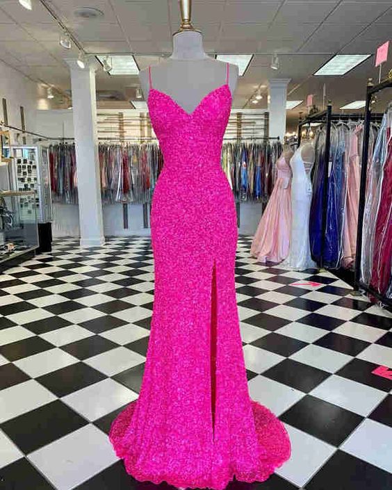 Hot Pink Straps Prom Dress with Slit,Mermaid Prom Dresses,Sexy Party Dresses