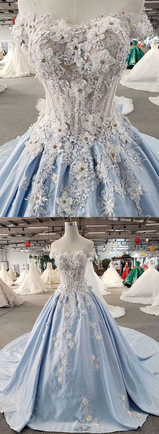 Blue lace appliqué long prom dress, evening dress