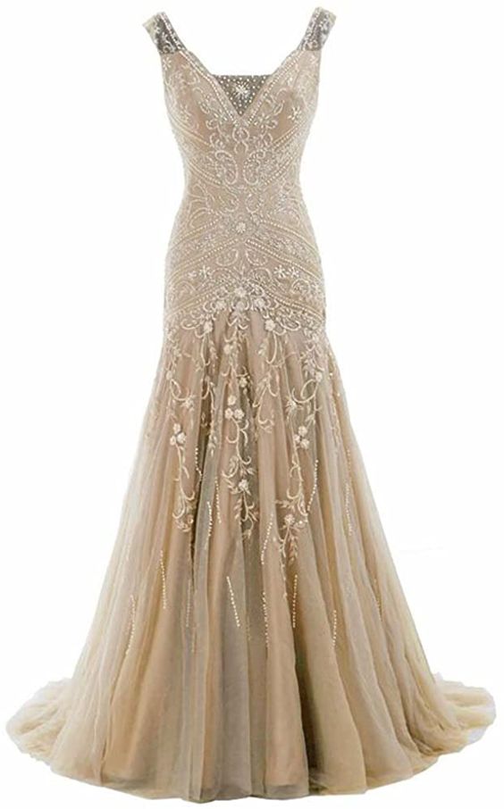 Mermaid V Neck Beaded Long Prom Dress Evening Gowns