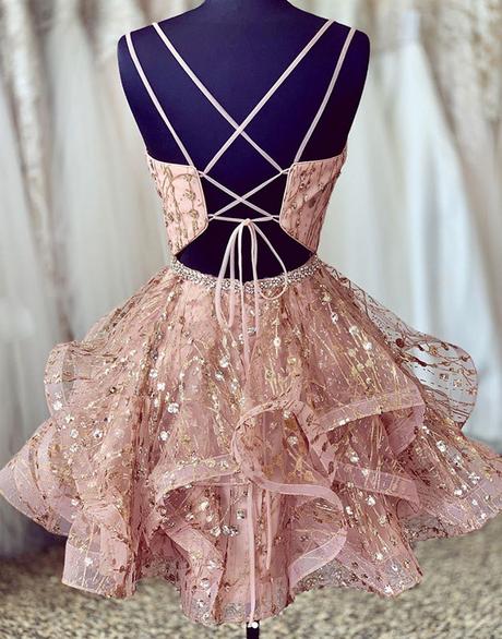 A Line V Neck Short Lace Prom Dresses, Cross Back Short Champagne Lace Formal Homecoming Dresses