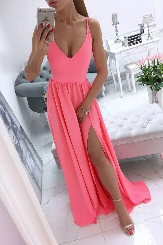 Simple v neck coral chiffon long prom dress