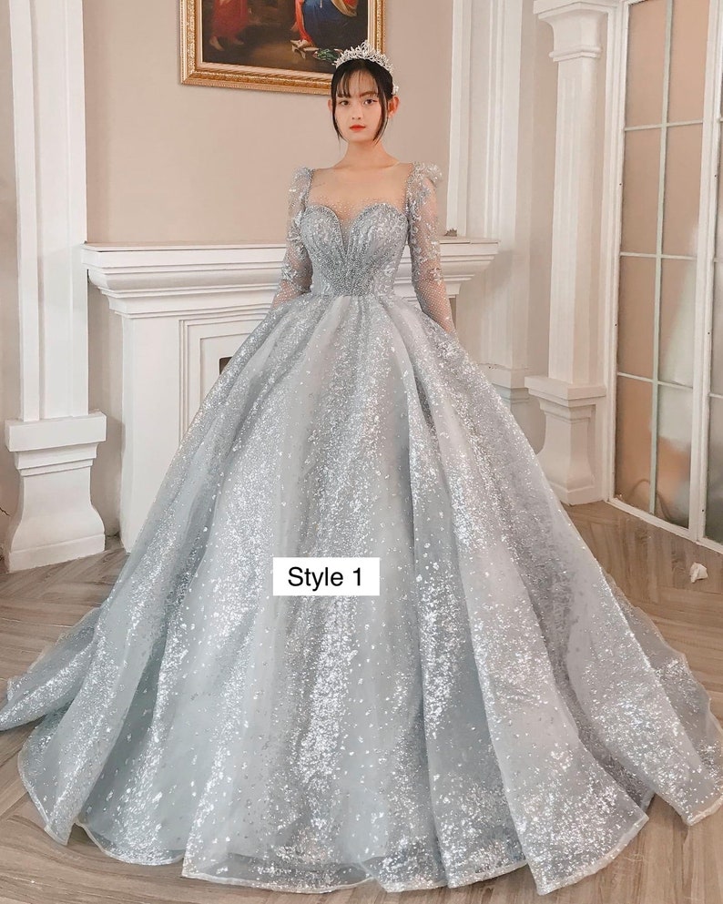 Modern sparkly grey/silver long or cap sleeves ball gown wedding/prom dress with glitter tulle