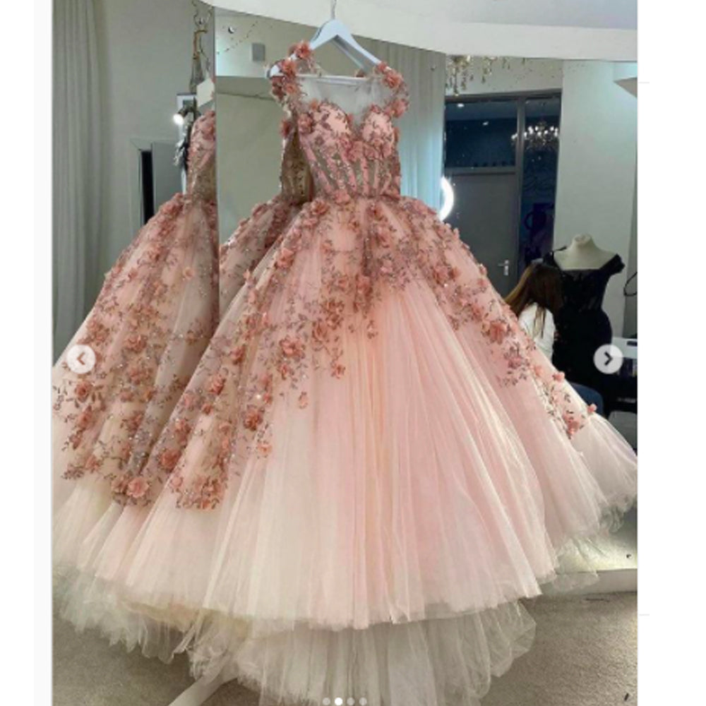 Pink evening dresses, custom make evening dresses, flowers formal dresses