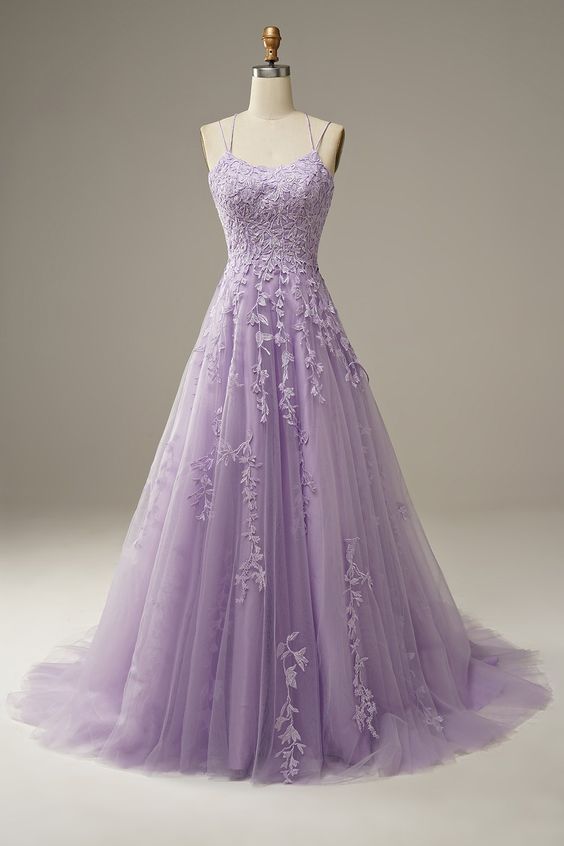 Spaghetti Straps Lilac Tulle Lace Long Prom Dress