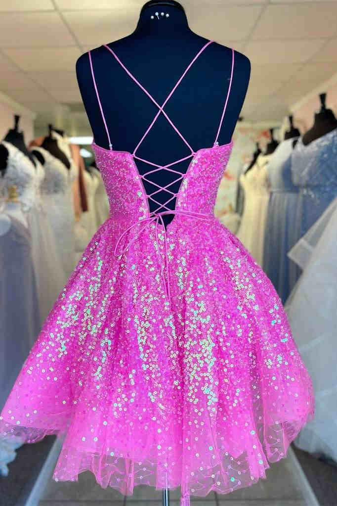 Cute Sequins A-Line Homecoming Dress Lace-up Shiny Party Dress