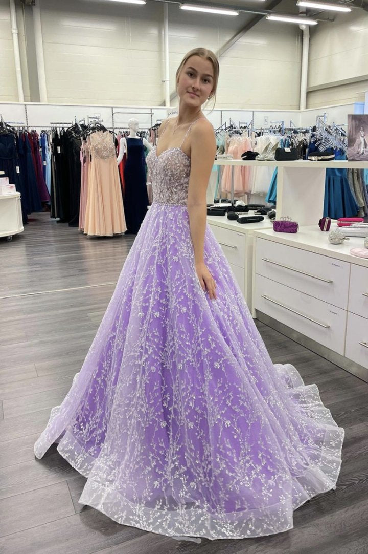 Purple tulle lace long prom dress evening dress