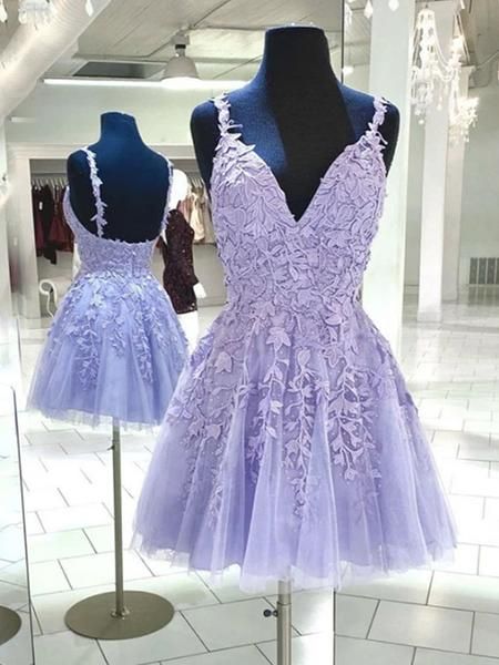 Short V Neck Purple Lace Formal Homecoming Dresses