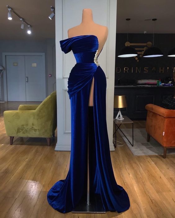 One Shoulder Royal Blue Velvet Evening Dress with Slit