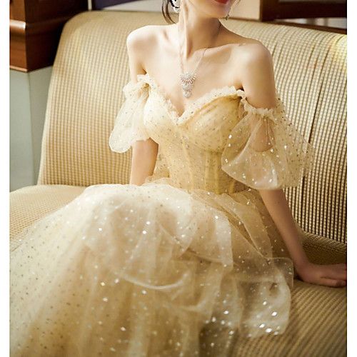 A-Line Sparkle Vintage Engagement Formal Evening Dress Sweetheart Neckline Short Sleeve Floor Length Tulle with Sequin