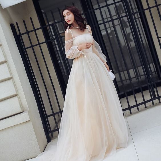 Champagne Summer Prom Dresses Empire Spaghetti Straps Off-The-Shoulder Long Sleeve
