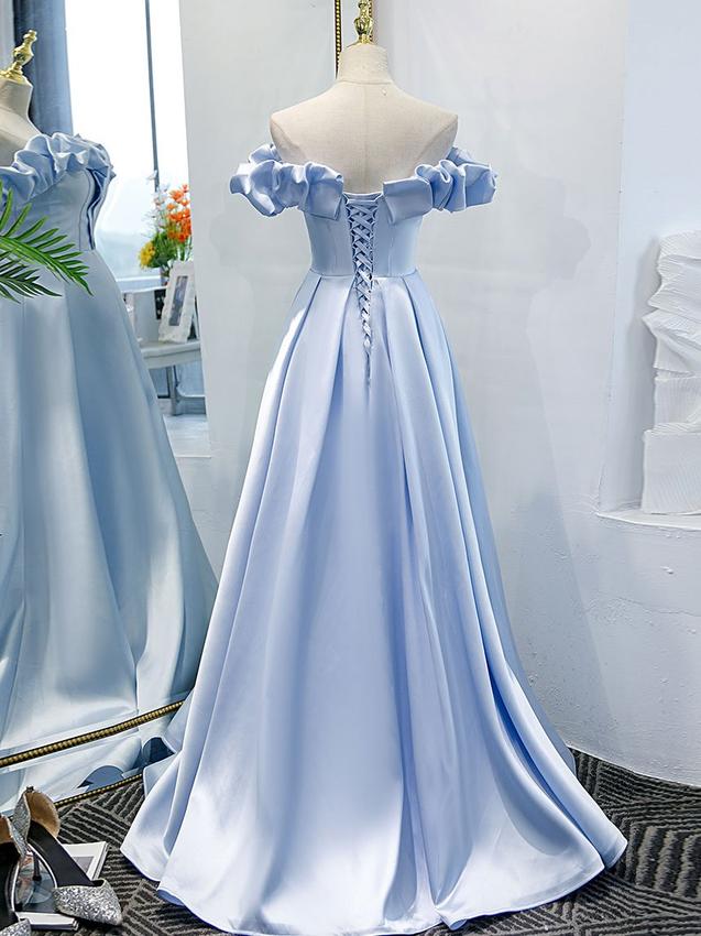 Blue A-line off shoulder long prom dress, formal dresses, blue evening dress