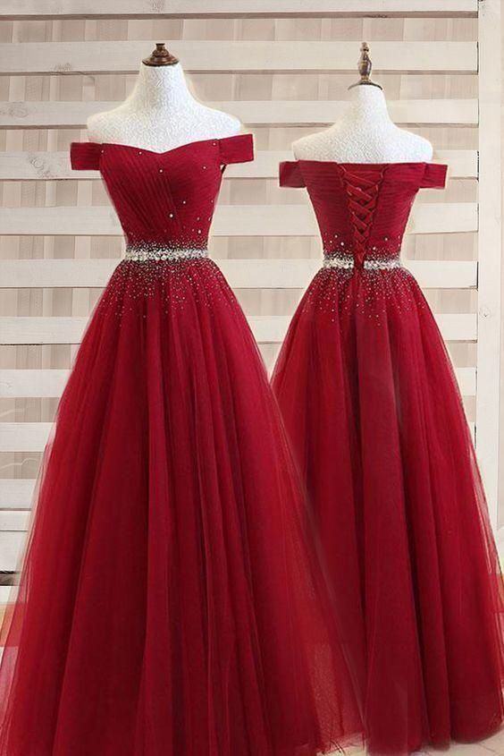 Burgundy A line Off the shoulder Sweetheart Prom Dresses, Beads Evening Dresses