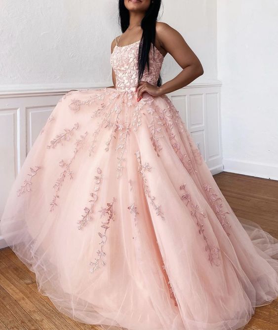Pink lace long prom dress A line evening dress