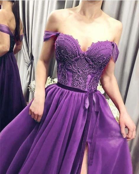 Off Shoulder Purple Split Slit Long Prom Dresses Formal Evening Dresses