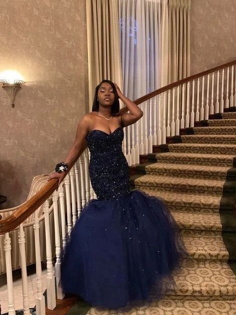 Sweetheart Navy Blue Mermaid Prom Dress With Beading