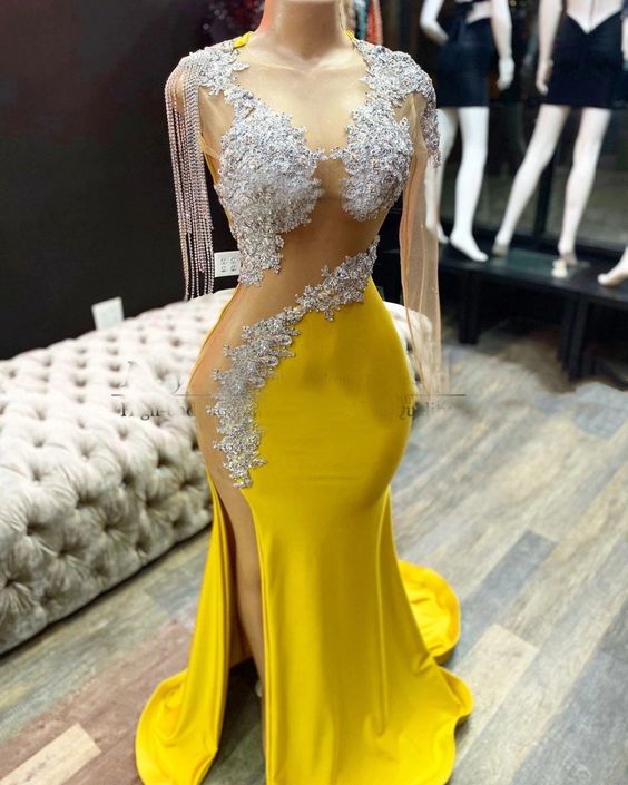 Yellow prom dresses, tassel prom dress, side slit evening dresses, arabic evening dresses, cheap party dresses, sexy formal dress, evening gowns