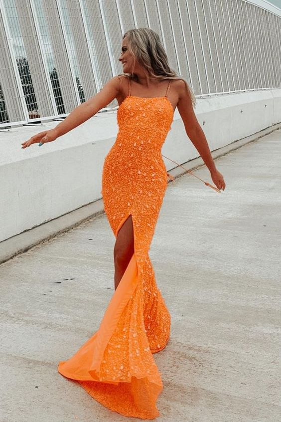 sparkle mermaid orange sequins long prom dress with slit