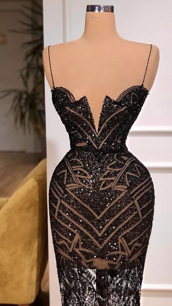 Spaghetti Straps Black Prom Dress, Sexy Evening Dress