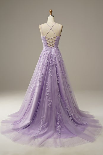 Spaghetti Straps Lilac Tulle Lace Long Prom Dress