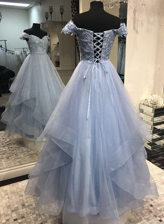 Blue tulle lace long prom dress, evening dress