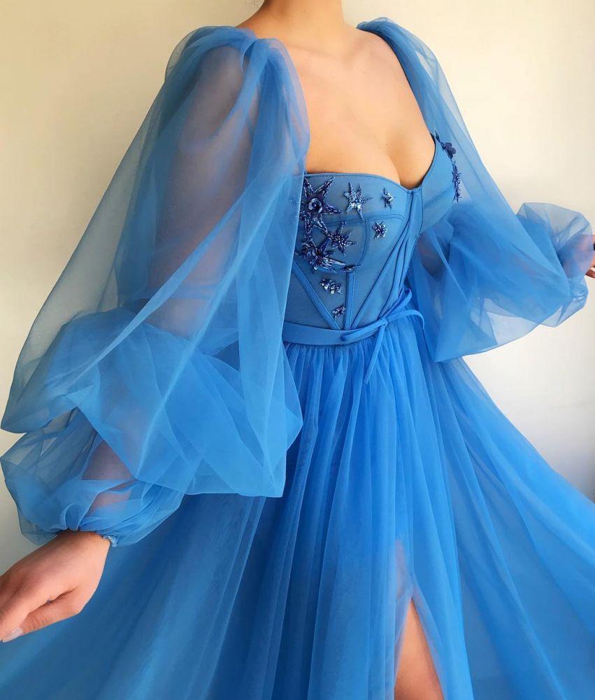 Vintage Puffy Sleeves Prom Dresses Tulle Princess Prom Quinceanera Dresses for Women