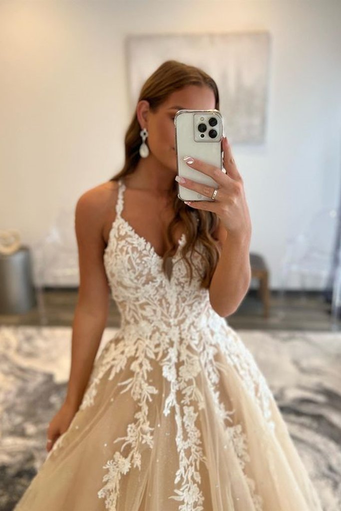 V Neck Champagne Lace Prom Dresses, Long Champagne Lace Formal Evening Dresses
