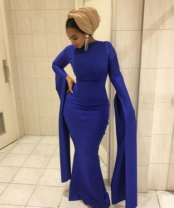 Modest Sexy Dress, Blue A line Dress, Elegant Blue Dress, Royal Blue Fitted Straight Dress with Exxaggerated Sleeves