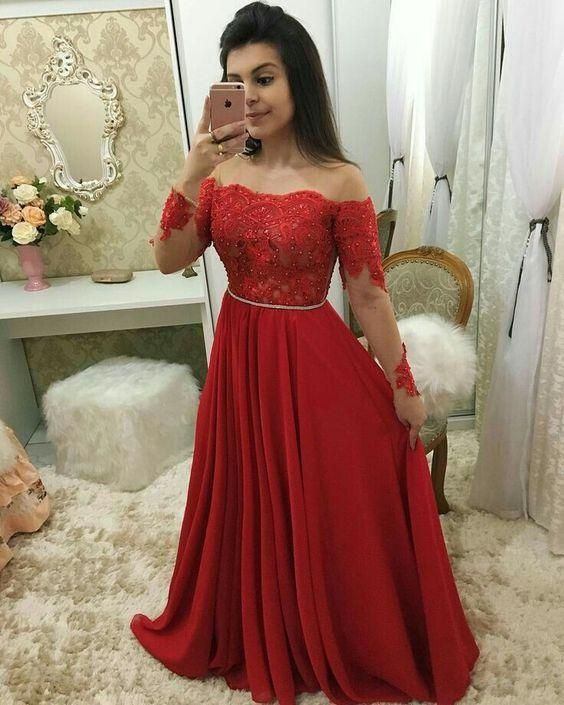 Red lace long prom dress evening dress