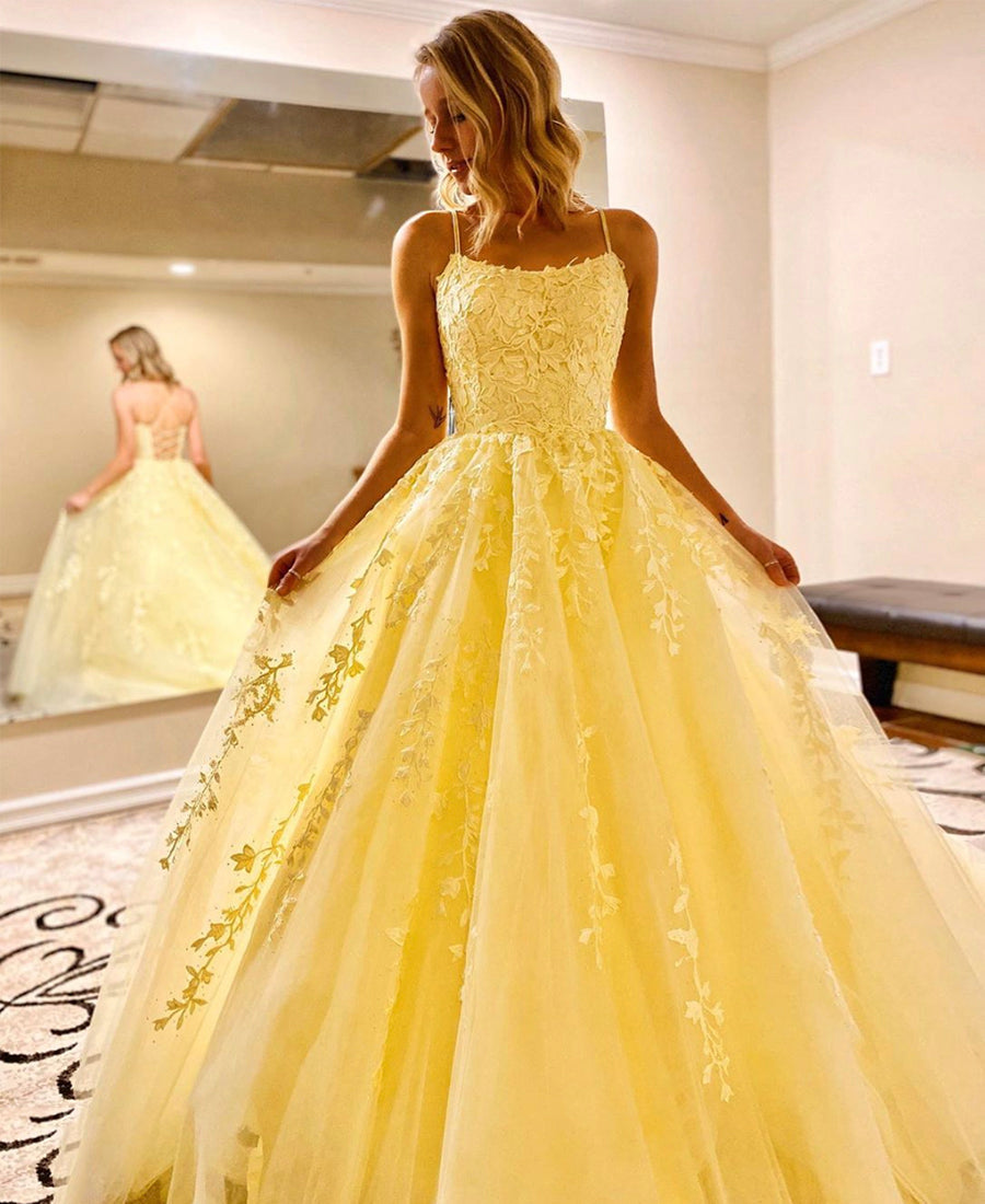 A Line Floor Length Lace Yellow Tulle Long Prom Dress, Yellow Lace Formal Dress, Yellow Evening Dress