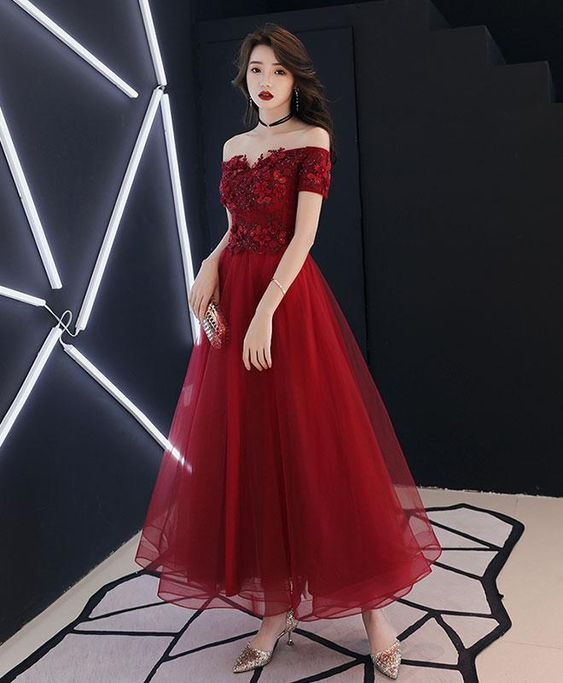 Burgundy tulle lace prom dress, burgundy tulle evening dress
