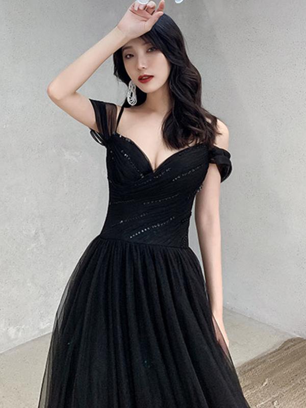 Off the Shoulder Black Long Prom Dresses, Black Off Shoulder Formal Evening Graduation Dresses