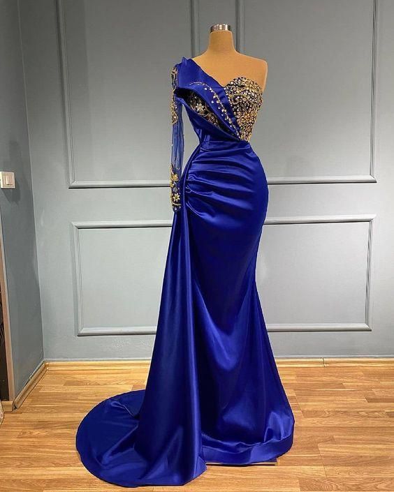 Blue long mermaid evening gowns long prom dress