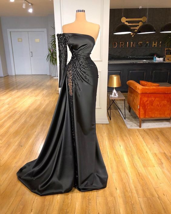 Black Split Side Mermaid Satin Evening Party Prom Dress