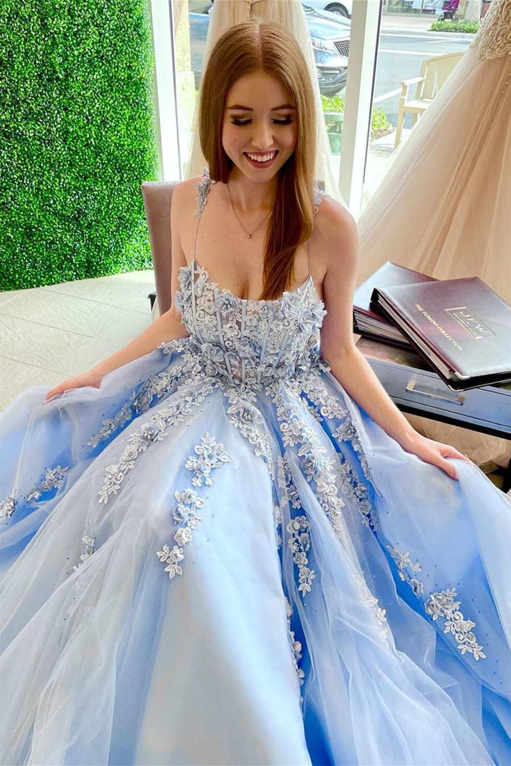 Elegant Backless Light Blue Lace Floral Long Prom Dresses, 3D Flowers Light Blue Lace Formal Dresses, Light Blue Evening Dresses