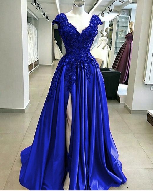 Royal Blue Cap Sleeves V-neck High Split A-line Evening Dresses Formal Prom Dress